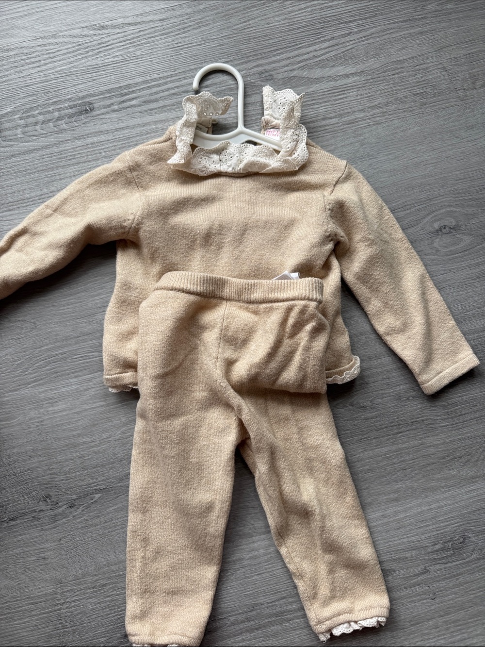 Zara Beige Knit Baby Two-Piece Set with Lace Collar